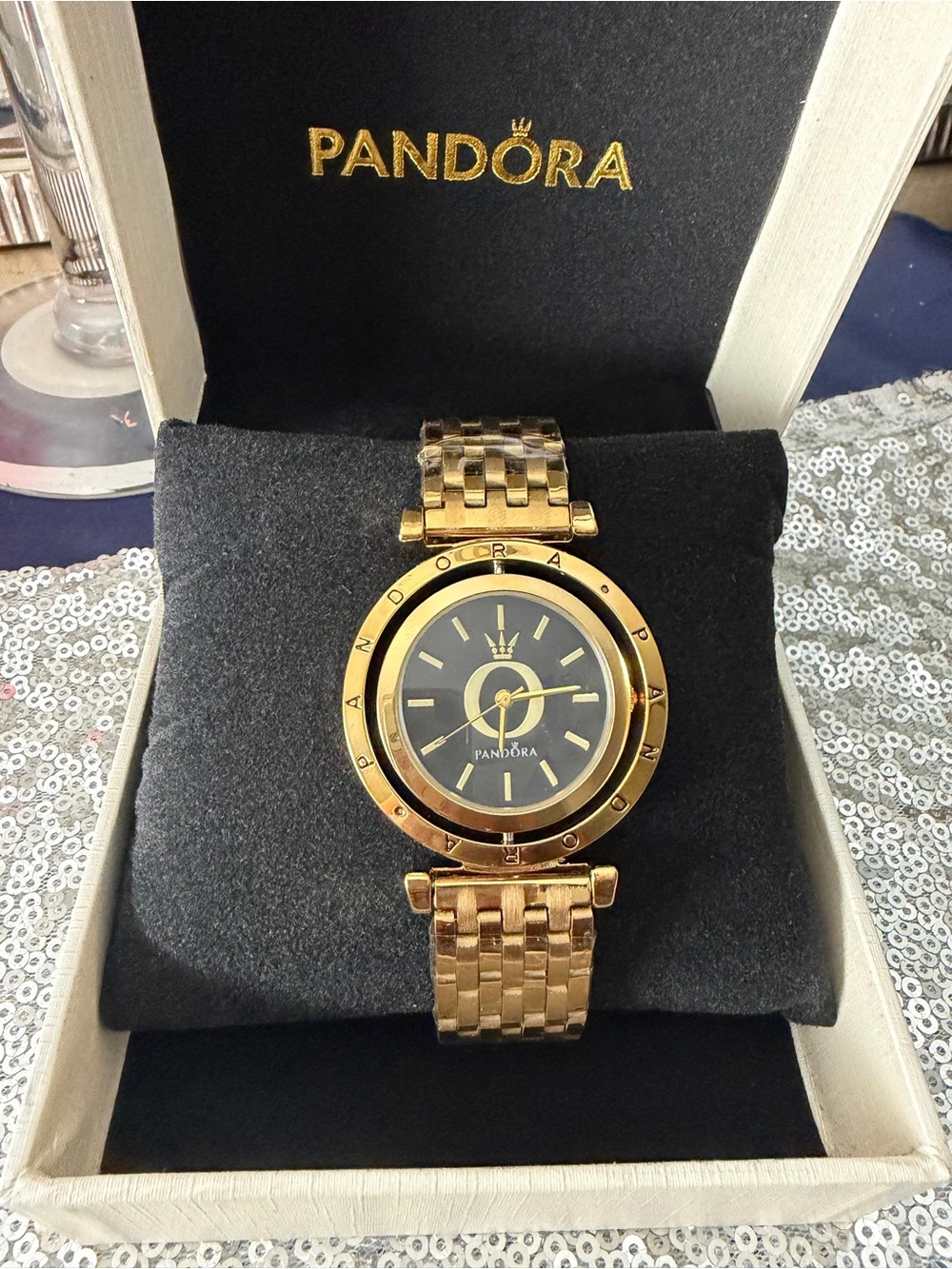 Pandora Gold Tone Watch with Black Dial